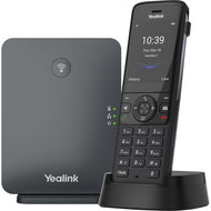 Yealink W78P DECT IP phone system featuring W78H Bluetooth wireless handset on charging cradle alongside compact W70B base station