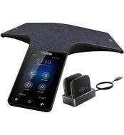 Yealink CP965 touchscreen conference phone with two CPW65 wireless DECT expansion microphones and charging cradle