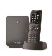 Yealink W77P ruggedized DECT IP phone system featuring W57R drop-proof wireless handset on charging cradle alongside compact W70B base station